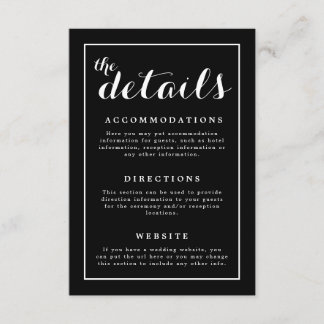 Cartão De Informações Casamento Negro e Branco Elegante Clássico