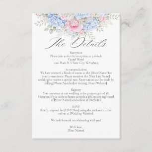 Cartão De Informações Casamento no Jardim Floral de Hortênsia Azul e Ros