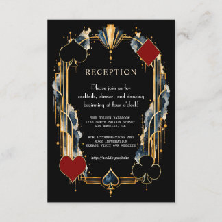 Cartão De Informações Casamento Noturno de Cassino em Art Deco Dourado e