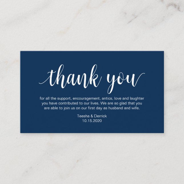Cartão De Informações Casamento Obrigado, moderno Marinho Blue Script (Frente)