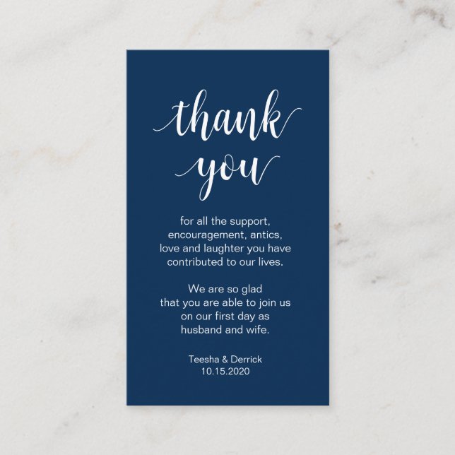 Cartão De Informações Casamento Obrigado, moderno Marinho Blue Script (Frente)