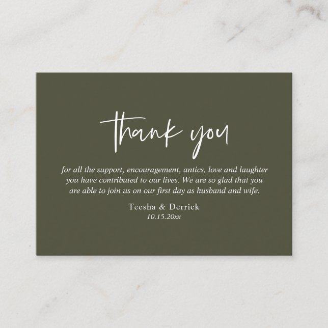 Cartão De Informações Casamento Obrigado, moderno Script simples, Olive (Frente)