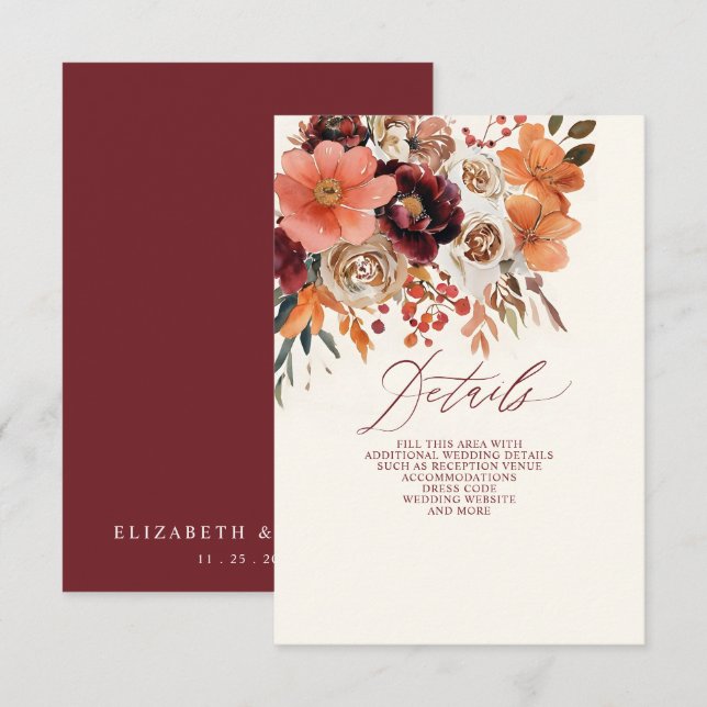 Cartão De Informações Casamento outono Floral Laranja Burgundy (Frente/Verso)