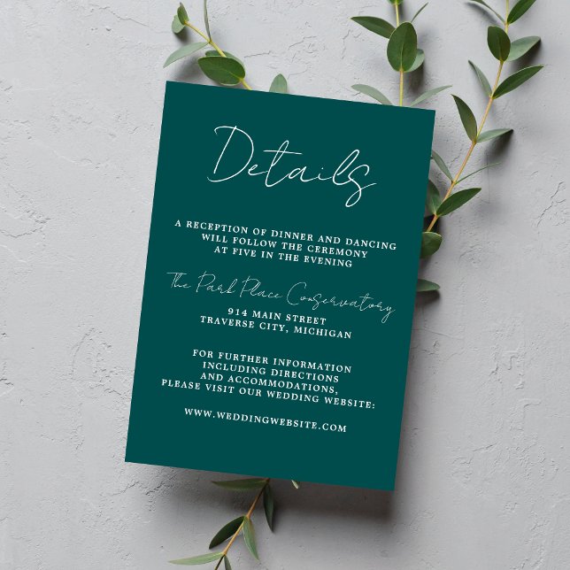 Cartão De Informações Casamento Peacock Mínimo de Simplicidade 3 Script  (Criador carregado)