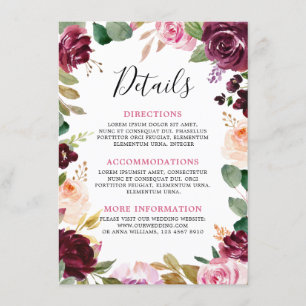 Cartão De Informações Casamento Plum Purple Blush Botânico De Cor Rosa