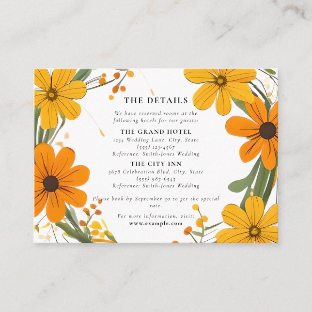 Cartão De Informações Casamento por terra das flores selvagens laranja e (Frente)