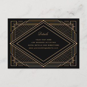 Cartão De Informações Casamento Preto e Dourado Art Deco com Diamante