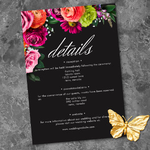 Cartão De Informações Casamento Preto Vibrante Floral Luxuoso e Temperam