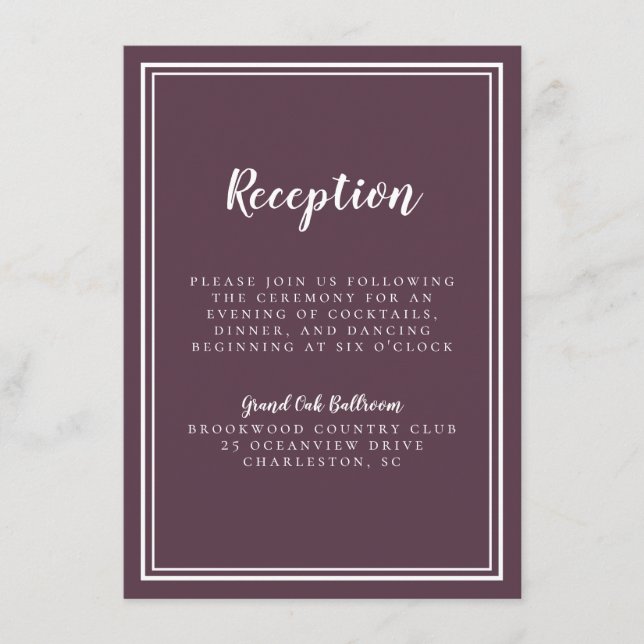 Cartão De Informações Casamento Recepção Clássico Roxo Branco Simples (Frente)