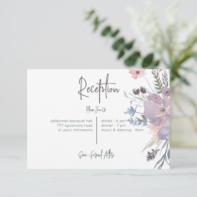 Cartão De Informações Casamento Recepção Floral Boho Roxo e Azul Desbota (Em pé/Frente)