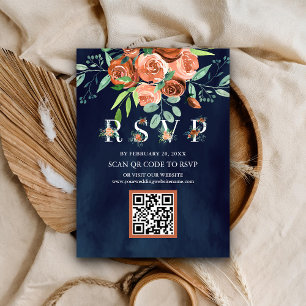 Cartão De Informações Casamento Resposta QR Code Floral Terracota Azul M