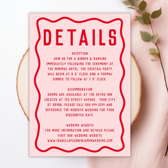Cartão De Informações Casamento Retroativo Cinzento Vermelho Cor-de-Rosa (Bold Bright Pink Red Squiggle Wavy Retro Wedding Enclosure Card)
