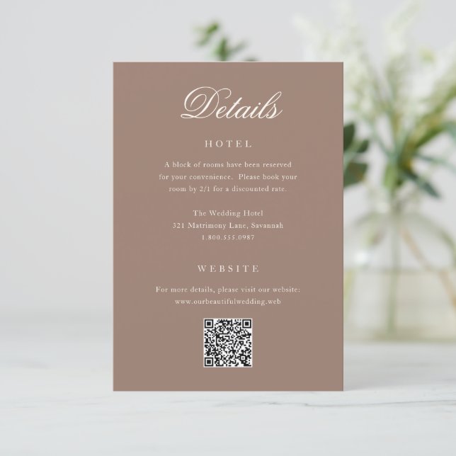 Cartão De Informações Casamento Romântico com QR Code Marrom Elegante (Em pé/Frente)