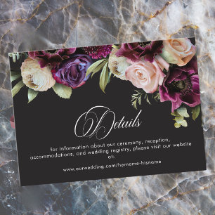 Cartão De Informações Casamento Romântico Floral Escuro Burgundy Sombrio