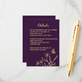 Cartão De Informações Casamento roxo de flor de ouro elegante romântico