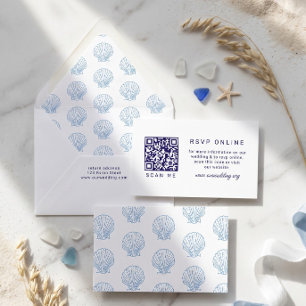 Cartão De Informações Casamento RSVP código QR Azul Branco Costeiro