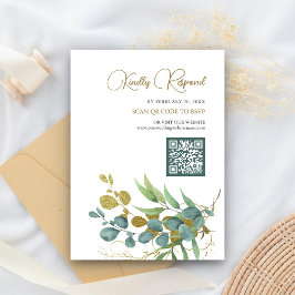 Cartão De Informações Casamento RSVP Código QR Galho Dourado de Eucalipt