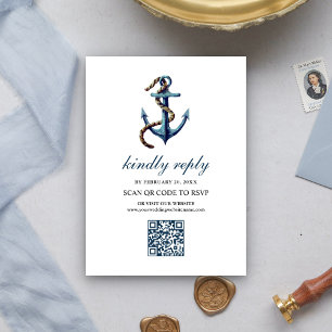 Cartão De Informações Casamento RSVP de Código QR de Âncora Azul do Mari