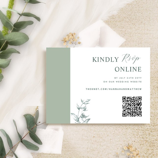 Cartão De Informações Casamento RSVP de Código QR Elegante Verde Pálido (Criador carregado)