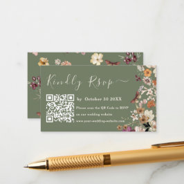 Cartão De Informações Casamento Rsvp Do Código Qr De Flor Selvagem Verde