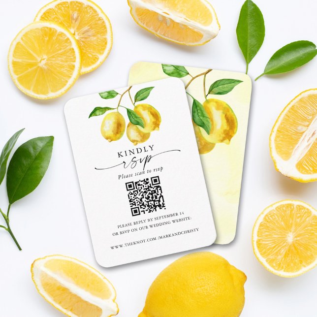 Cartão De Informações Casamento RSVP QR Code Lemon Citrus (With a unique QR code printed on this lemon design, guests can quickly and easily RSVP.)