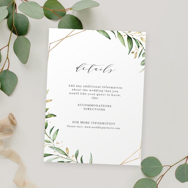 Cartão De Informações Casamento Russo Geométrico Dourado do Verde Modern (Modern Greenery Gold Geometric Rustic Wedding Enclosure Card)