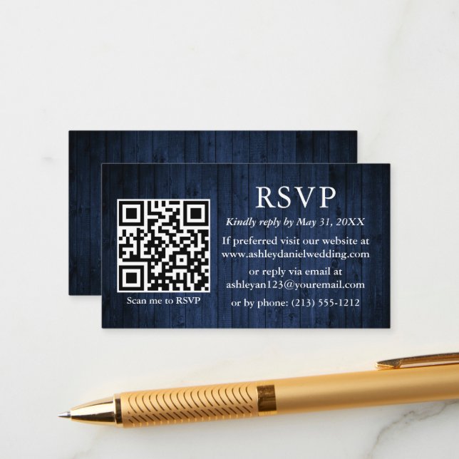 Cartão De Informações Casamento Rustic Blue Wood QR RSVP (Frente/Verso In Situ)