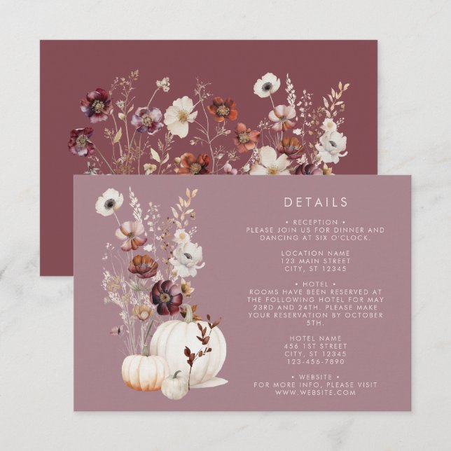 Cartão De Informações Casamento Rustic Fall Floral Pumpkin (Frente/Verso)