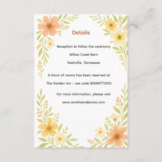 Cartão De Informações Casamento Rustic Wildflower (Frente)