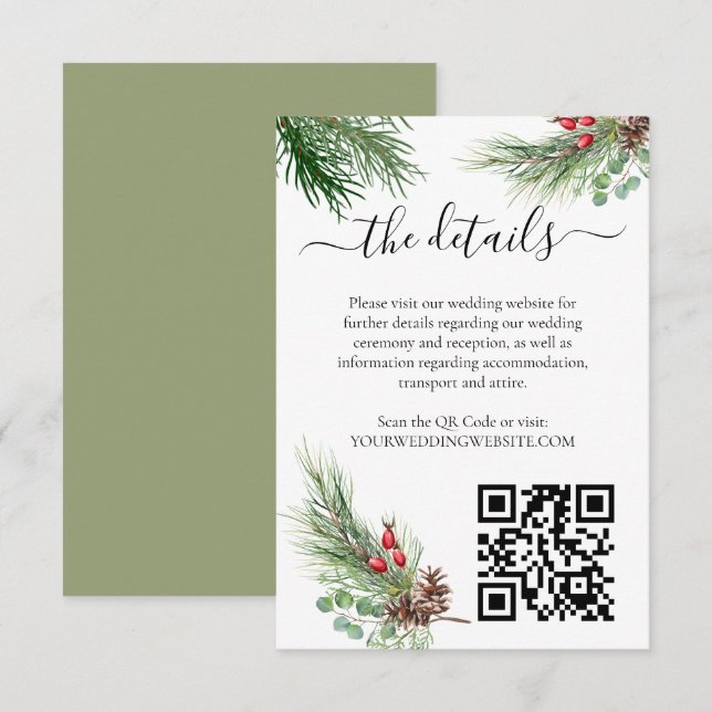 Cartão De Informações Casamento Rustic Winter Berry Pine Greenery (Frente/Verso)