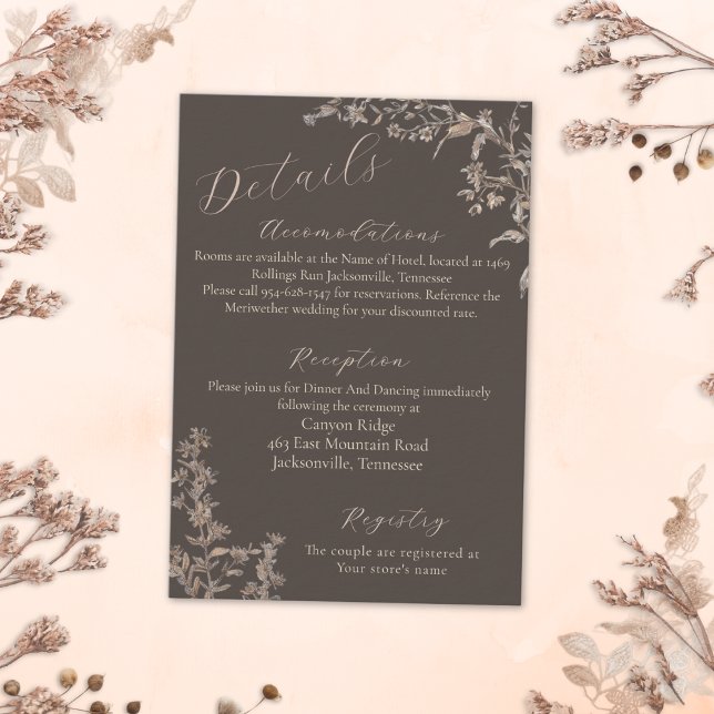 Cartão De Informações Casamento Rústico Elegante Mocha Script Flores Sil (Criador carregado)