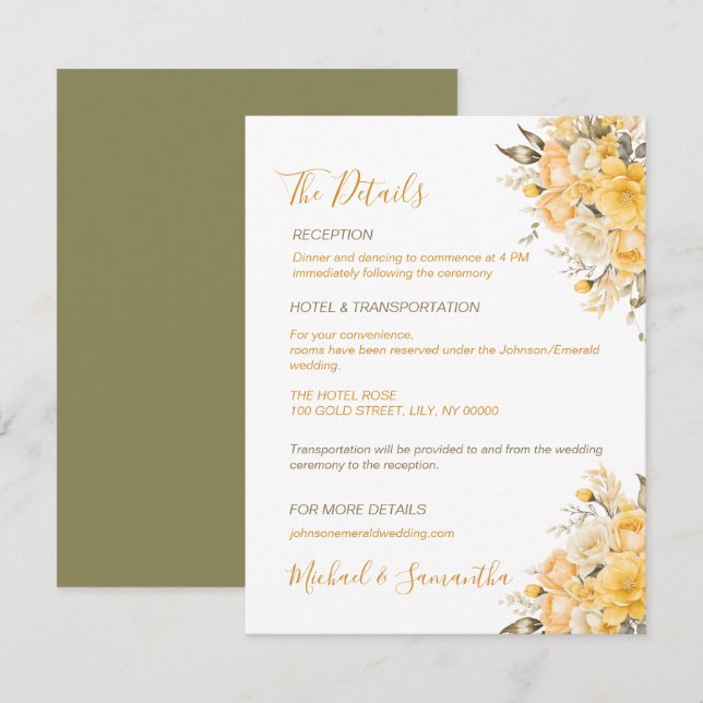 Cartão De Informações Casamento Sofisticado com Rosas Amarelas e Marfim (Frente/Verso)