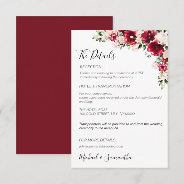 Cartão De Informações Casamento Sofisticado com Rosas Vermelhas e Bege R (Frente/Verso)
