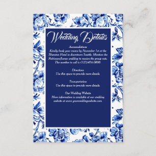 Cartão De Informações Casamento Toile Floral Branco Azul Elegante