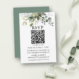 Cartão De Informações Casamento Verde Oliva com Vegetação em Aquarela QR
