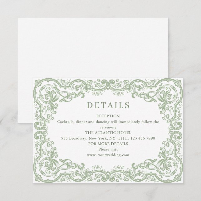 Cartão De Informações Casamento Verde Sage Ornado Renascentista Detalhes (Frente/Verso)