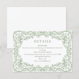 Cartão De Informações Casamento Verde Sage Ornado Renascentista Detalhes