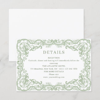 Cartão De Informações Casamento Verde Sage Ornado Renascentista Detalhes