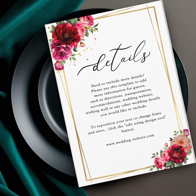 Cartão De Informações Casamento vermelho-quic, floral e dourado falso (Criador carregado)
