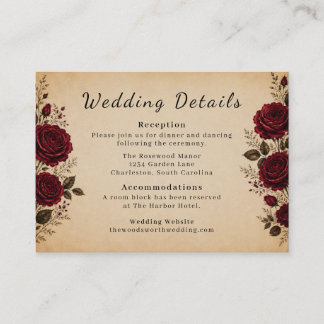Cartão De Informações Casamento Vintage Preto Rosa Vermelho Borgonha