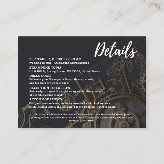Cartão De Informações Casamento Vintage Steampunk Extravaganza (Frente)
