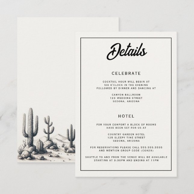 Cartão De Informações Casual Cactus Wedding (Frente/Verso)