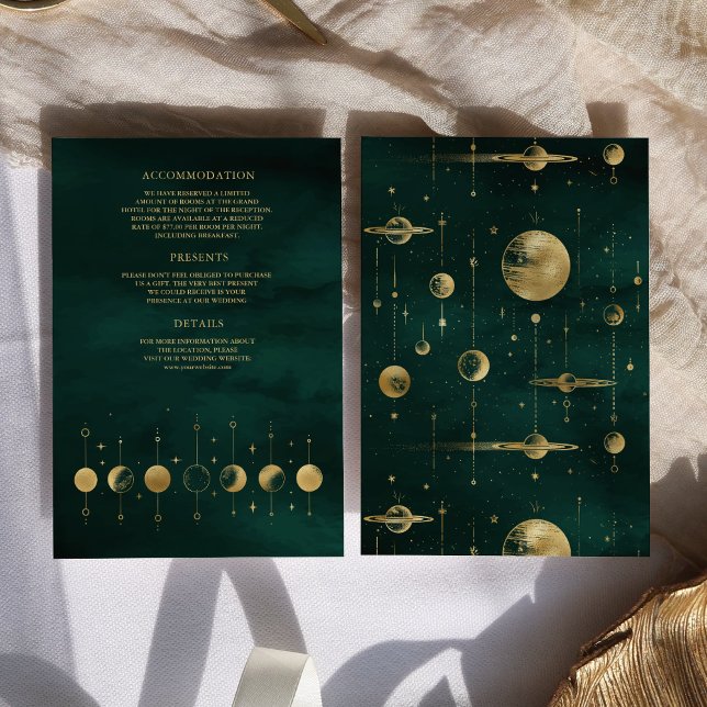 Cartão De Informações Celestial Esmeralda Dourada Fase da Lua Casamento (Criador carregado)