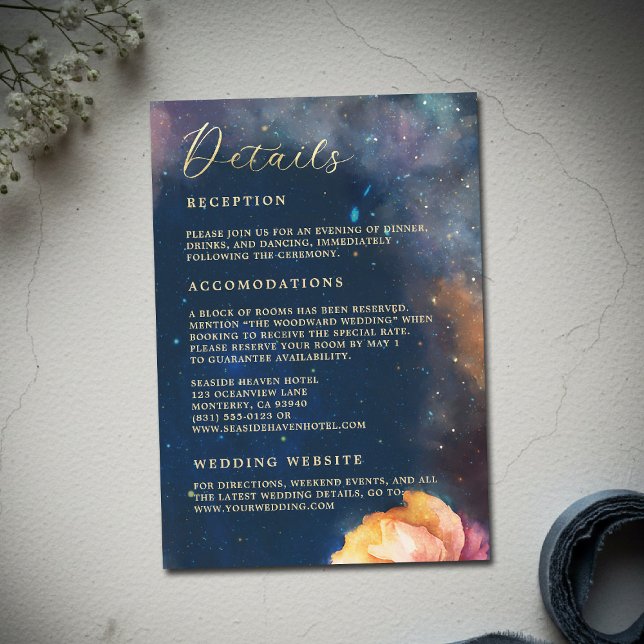 Cartão De Informações Celestial Floral Galaxy Navy Blue Wedding Details (celestial floral galaxy wedding details watercolor navy blue peach pink blush elegant romantic)