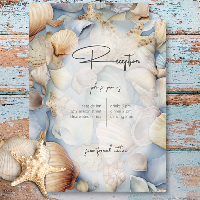 Cartão De Informações Cena tropical Cena Recepção de casamento moderna (Tropical Seashells Scene Modern Wedding Reception Enclosure Card)