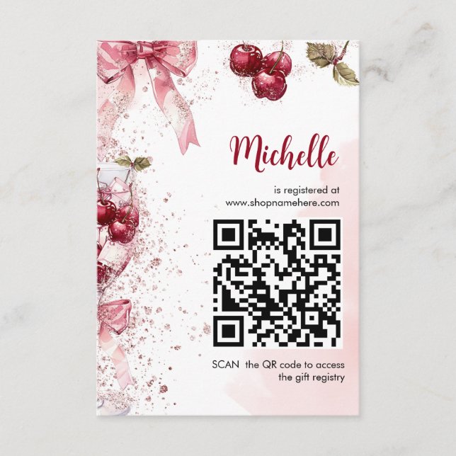 Cartão De Informações Cereja no Topo com Laço Cocktail Festa de Noiva de (Frente)