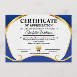 Cartão De Informações Certificate of Appreciation Blue Gold Elegant
