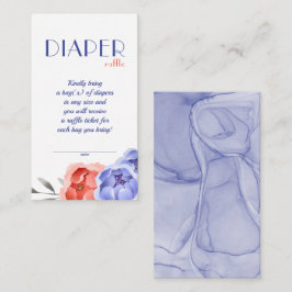 Cartão De Informações Chá de Bebê Azul Elegante Floral Rifas de Fraldas