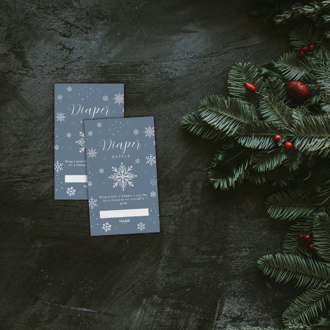Cartão De Informações Chá de Bebê de Floco de Neve Azul Prata (Silver Blue Snowflake Diaper Raffle Baby Shower Enclosure Card)