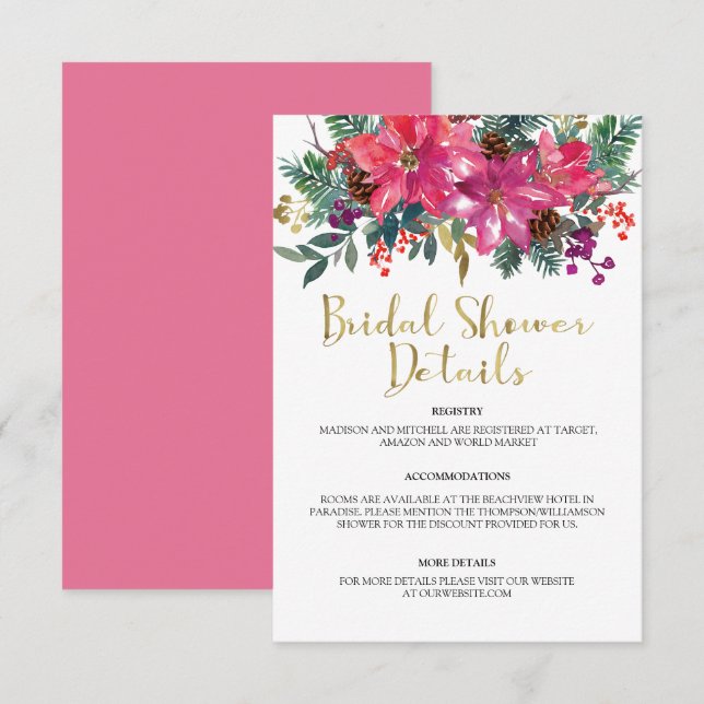 Cartão De Informações Chá de Bebê de Natal com Noiva e Poinsettia Rosa (Frente/Verso)